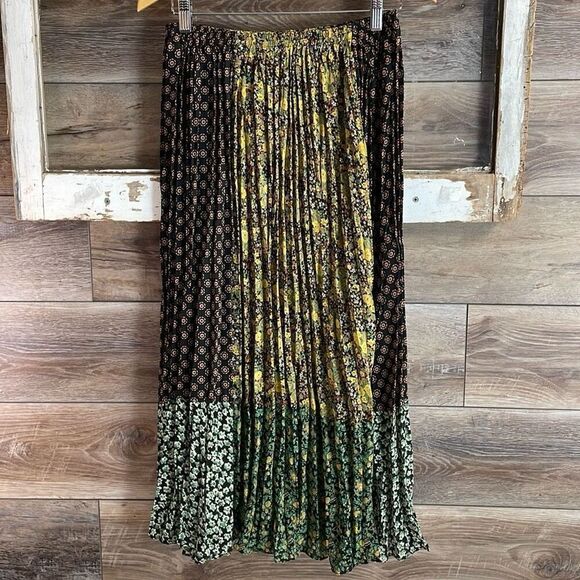 Vintage TRIO NY Peasant Pleated Patchwork Maxi Skirt Yellow Green,Black Size 8 - Picture 2 of 11